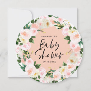 Carte Baby shower aquarelle pêche girly script floral
