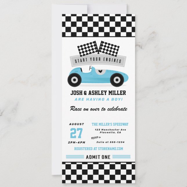 Carte Baby shower automobile Blue Race (Devant)