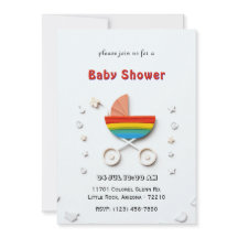 Carte baby shower avec poussette arc-en-ciel