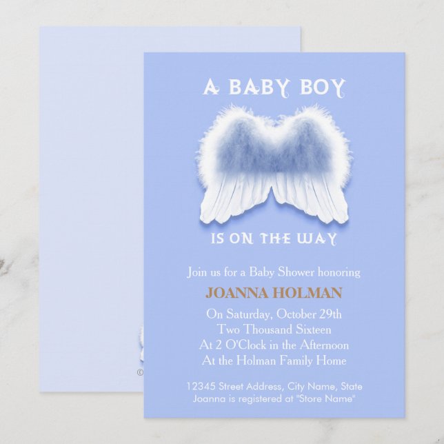 Carte Baby shower Blue Angel Wings (Devant / Derrière)