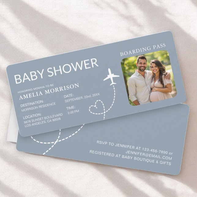 Carte Baby shower Boarding Pass Plane Dusty Blue Ticket (Créateur téléchargé)