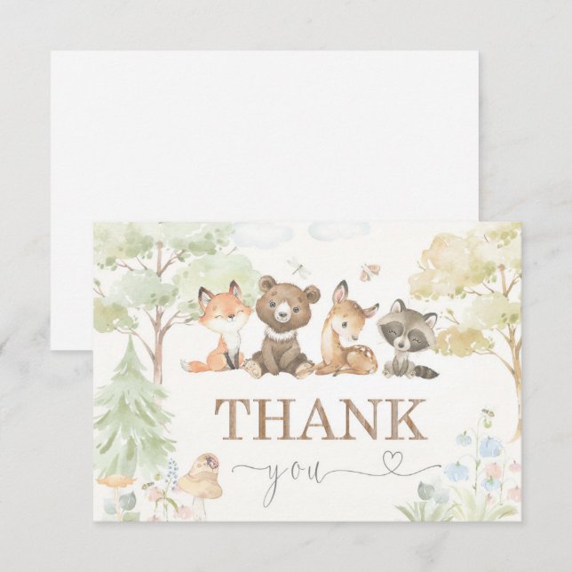 Carte Baby shower Bois Animaux Merci (Devant / Derrière)