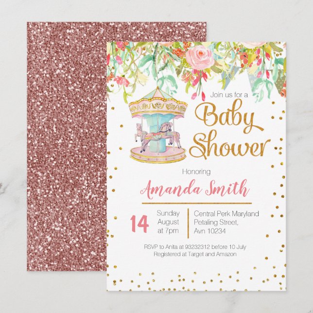 Carte Baby shower Cheval Carousel Rose (Devant / Derrière)