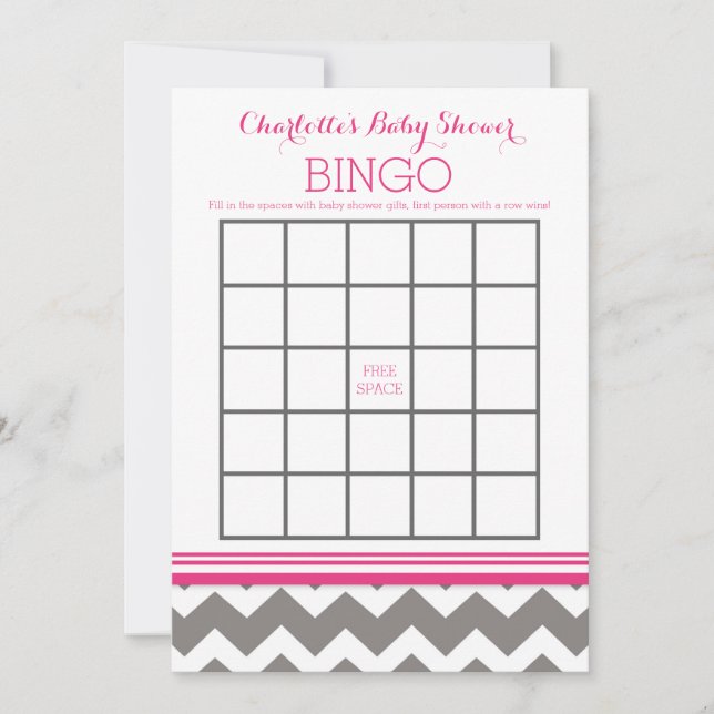 Carte Baby shower Chevron gris rose Bingo (Devant)
