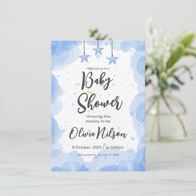 Carte Baby shower d'aquarelle bleu, Oh Baby shower garço (Debout devant)