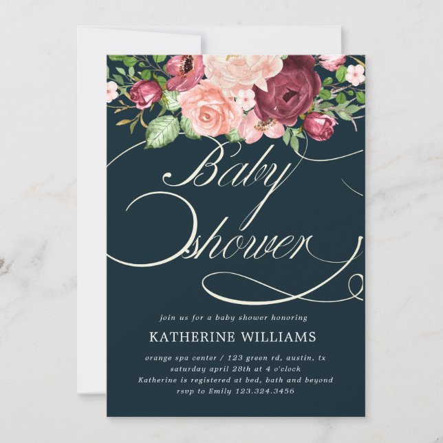 Carte baby shower de calligraphie florale (Devant)