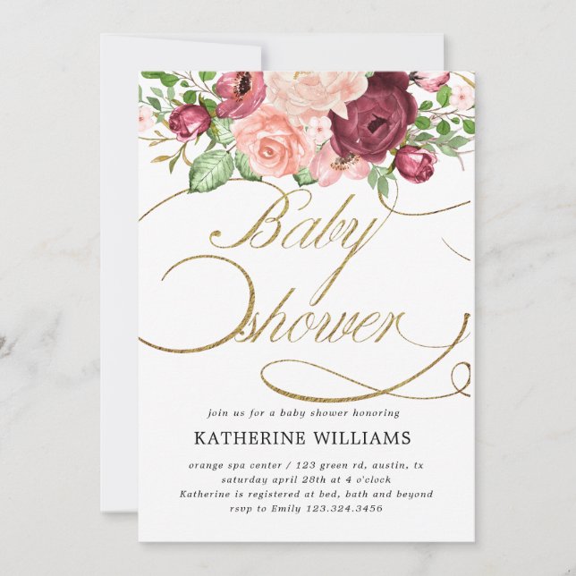 Carte baby shower de calligraphie florale (Devant)