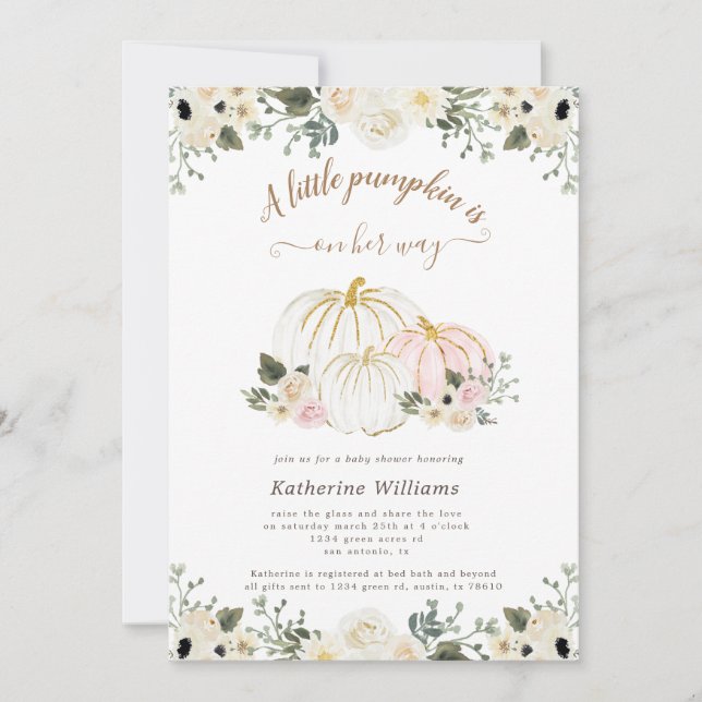 Carte baby shower de citrouille à fleurs d'ivoire (Devant)
