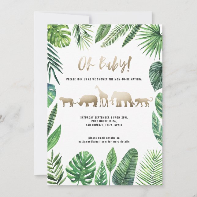 Carte Baby shower de feuillage tropical et d'animaux d'o (Devant)