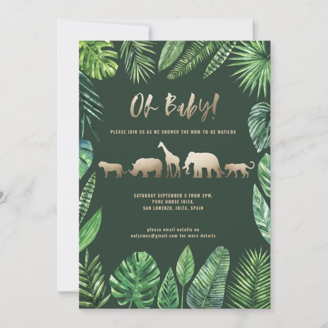 Carte Baby shower de feuillage tropical et d'animaux d'o (Devant)