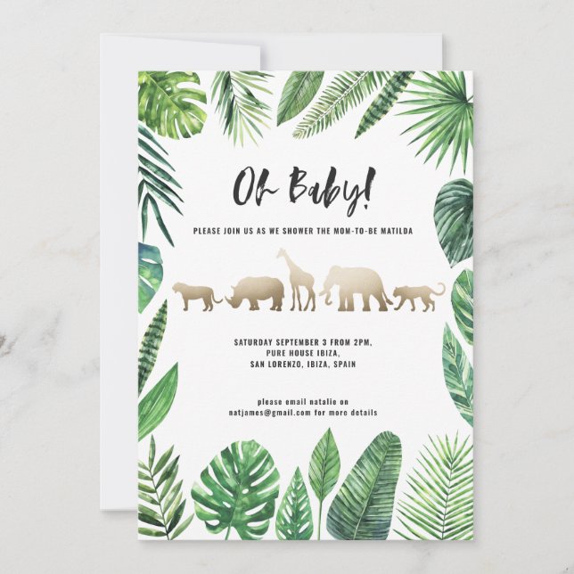 Carte Baby shower de feuillage tropical et d'animaux d'o (Devant)