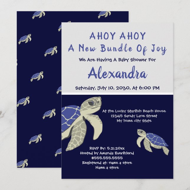 Carte Baby shower de garçon nautique bleu marine (Devant / Derrière)