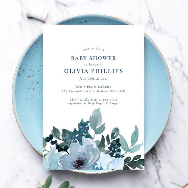 Carte Baby shower de jardin floral bleu marine (Créateur téléchargé)