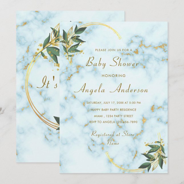 Carte Baby shower de Marbre blanc d'or de luxe Invitatio (Devant / Derrière)