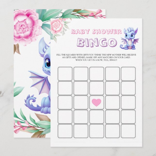 Carte Baby shower de pivoine de dinosaure rose et violet (Devant / Derrière)
