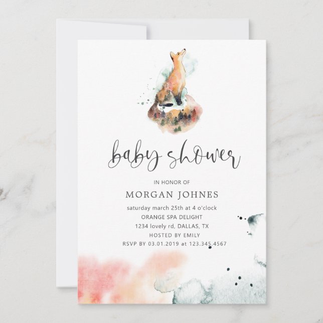 Carte baby shower de renard mystique aquarelle Invitatio (Devant)