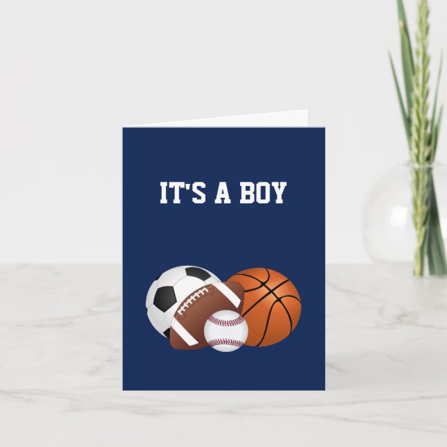 Carte Baby shower de sports bleu marine C'est un garçon (Devant)