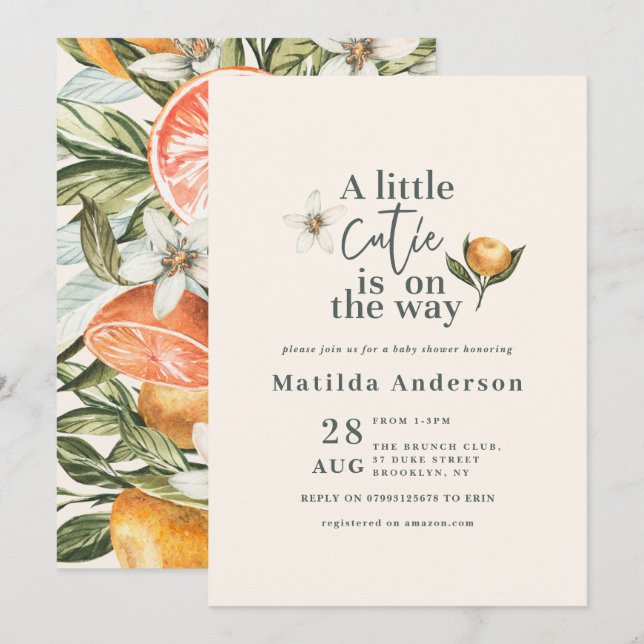 Carte Baby shower de typographie botanique de Citrus cut (Devant / Derrière)