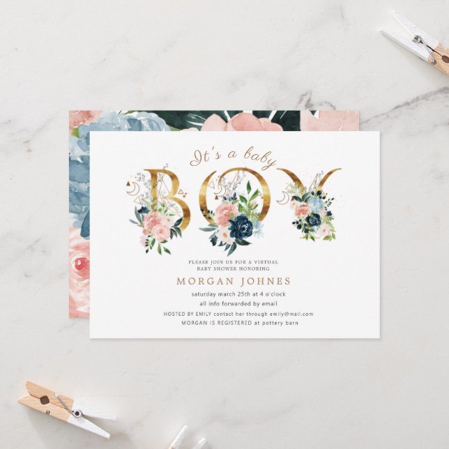 Carte baby shower d'écriture d'or floral de minuit (Devant/Arrière en situation)