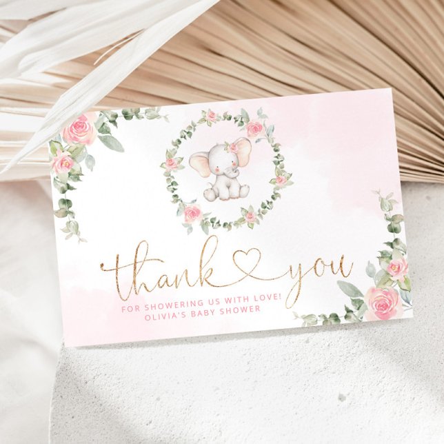 Carte Baby shower d'éléphant d'eucalyptus rose merci (Créateur téléchargé)