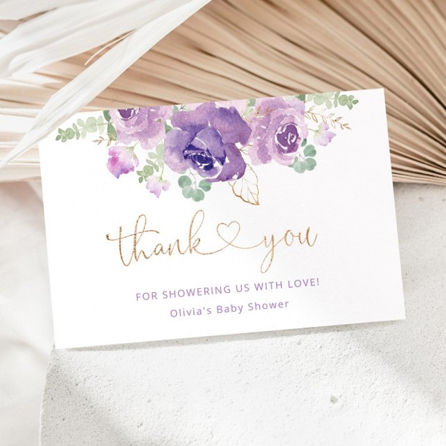 Carte Baby shower d'or floral lilas violet merci (Créateur téléchargé)