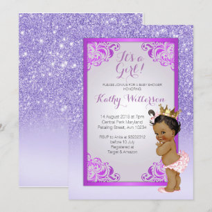 Carte Baby shower d'or violet afro-américain