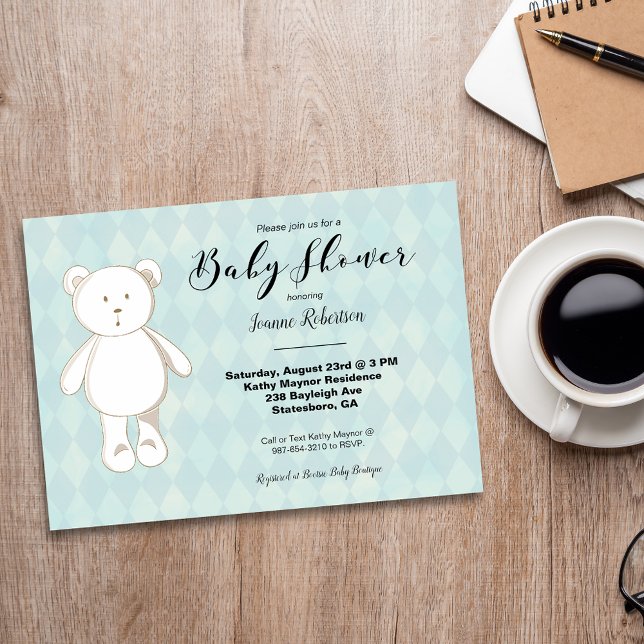 Carte Baby shower d'ours en peluche mignon | Jacquard bl (Créateur téléchargé)