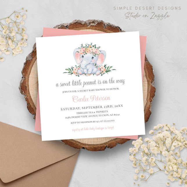 Carte Baby shower Fille Eléphant Rose Moderne Floral Cut (Simple Cute Elephant Baby Shower Invitation with Blush Pink Floral and Greenery)