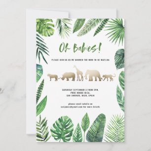 Carte Baby shower jumeau feuillage tropical et animaux d