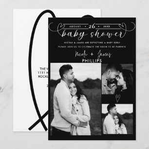 Carte Baby Shower Minimaliste Noir & Blanc Cœurs Moderne