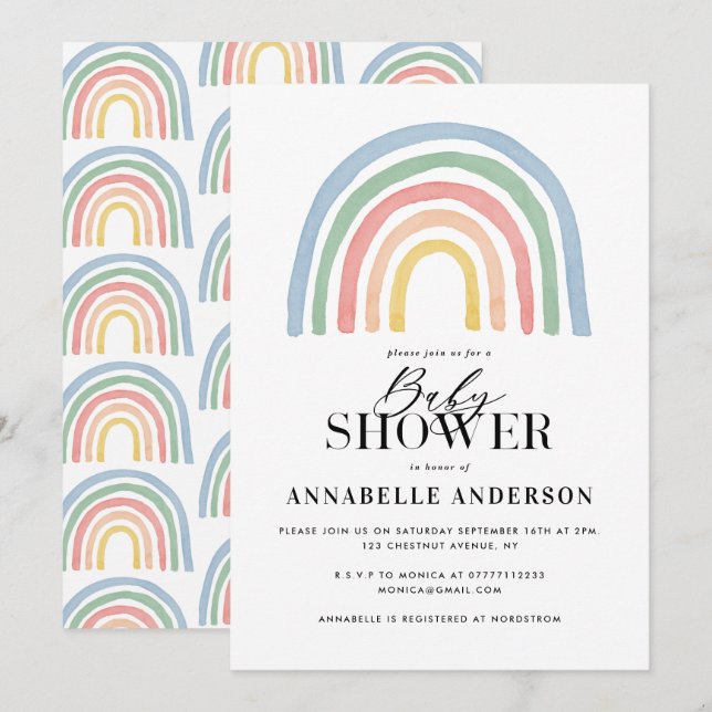 Carte Baby shower moderne imperméable arc-en-ciel élégan (Devant / Derrière)