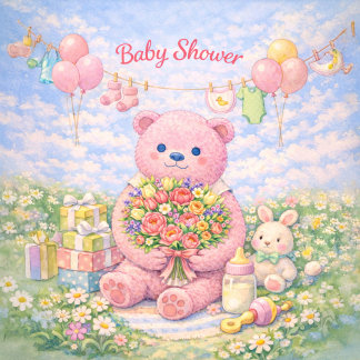 Carte Baby Shower – Pink Bear Floral Illustration