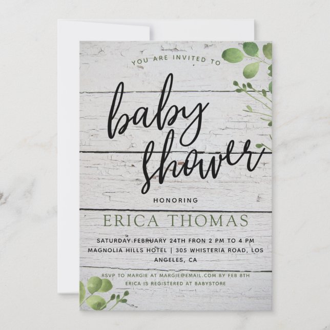 Carte Baby shower Rustic Wood Greenery Typographie Invit (Devant)