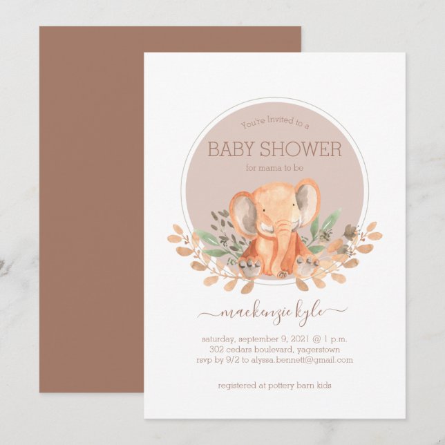 Carte Baby shower Safari Elephant Boho Watercolor (Devant / Derrière)