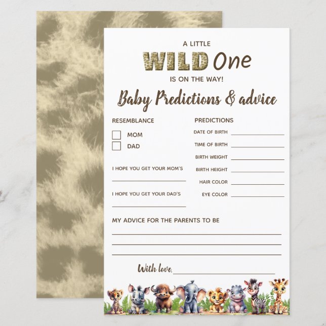 Carte Baby shower Safari Prédictions/Conseils (Devant / Derrière)