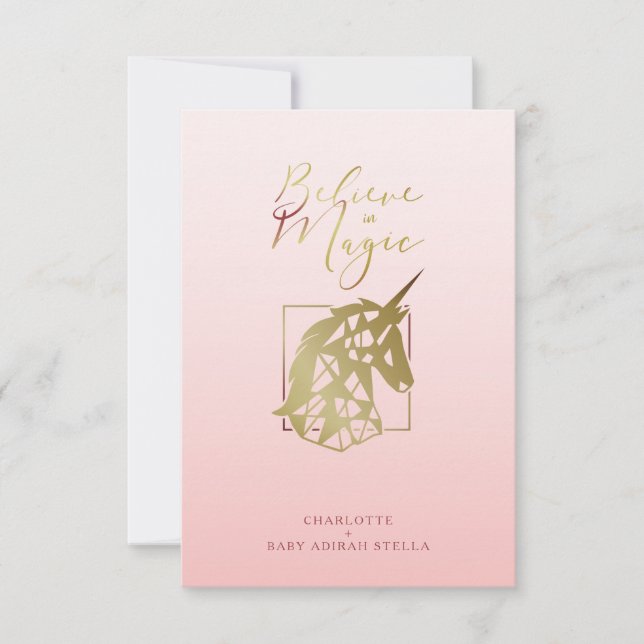 Carte Baby Shower Unicorn | Believe in Magic Pink Blush (Devant)
