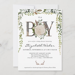 Carte Baby shower vert en bois rustique