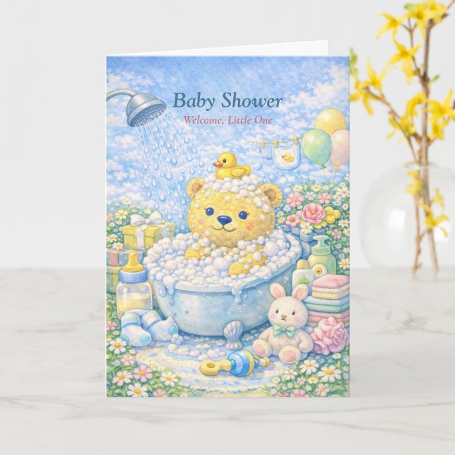 Carte Baby Shower – Whimsical Bear Bath Illustration (Fleur jaune)