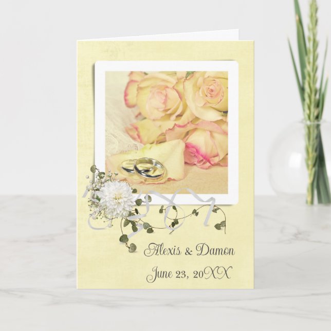 Carte Bagues mariages Sur Pétale Rose Avec Noms (Devant)