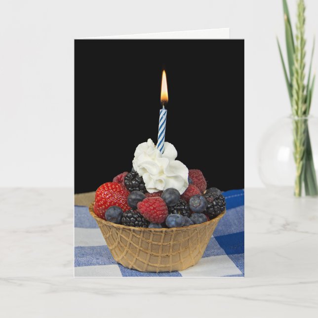 Carte baies d'anniversaire et bougie dans un bol de gauf (Devant)