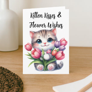 Carte Baisers de chaton et vœux fleuris Joli chat tulipe