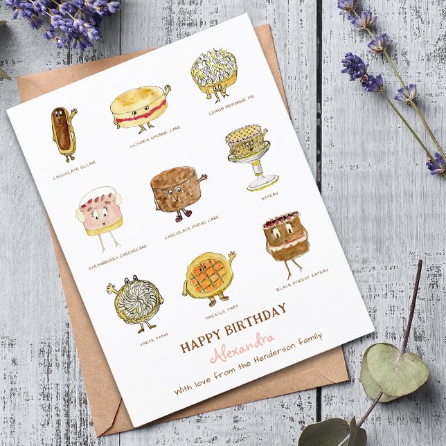 Carte Baking Joyeux anniversaire mignon gâteaux rose (Baking Cake lovers personalized birthday greetings card with cute cake cartoon illustrations )