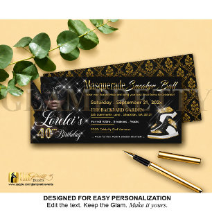 Carte Bal Masqué Sneaker Ball noir et or Anniversaire