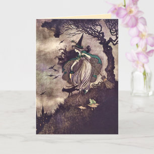 Carte Balai de sorcière vintage Art nouveau chat