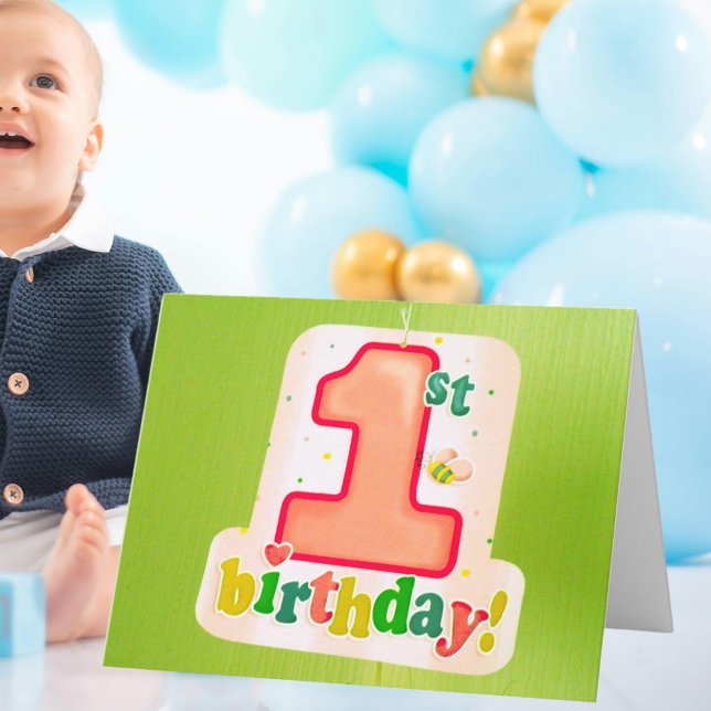 Carte Balise orange 1er anniversaire sur la porte verte (Orange 1st Birthday Tag on Green Door Card)