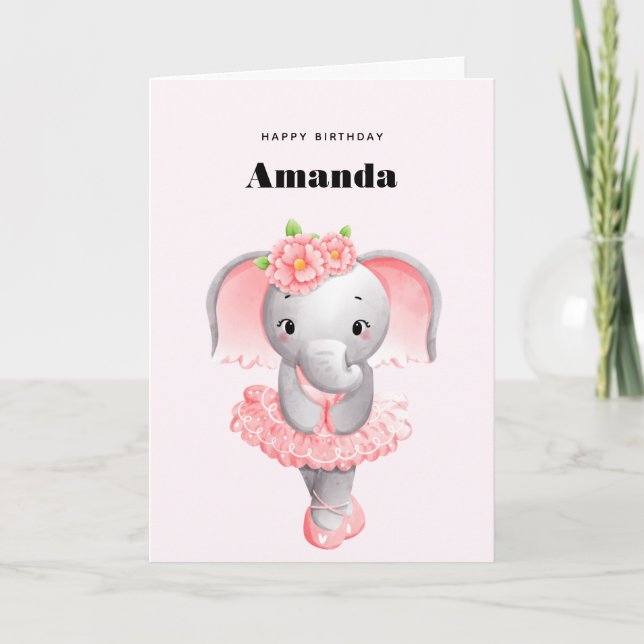 Carte Ballerina Eléphant Cute Rose & Grey Anniversaire (Devant)