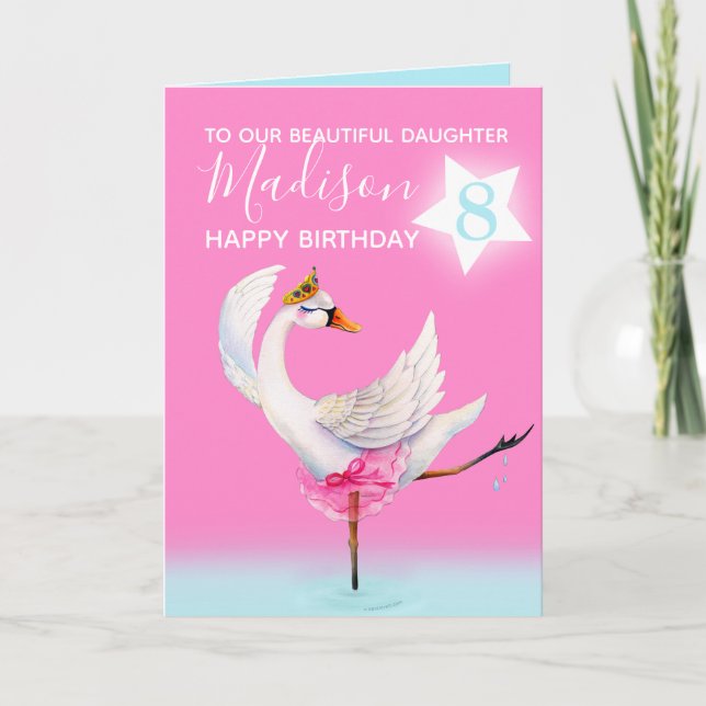 Carte Ballerine cygne à l'aquarelle fille 8ème anniversa (Devant)