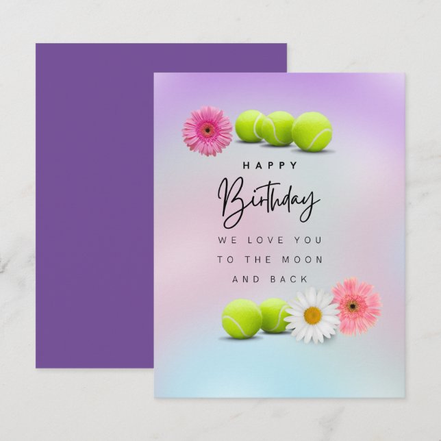 Carte Ballon de tennis et Fleurs pour Joueur Anniversair (Devant / Derrière)