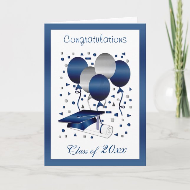 Carte Ballons bleu argent, mortier & diplôme Graduation (Devant)