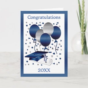 Carte Ballons bleu argent, mortier et diplôme Graduatio